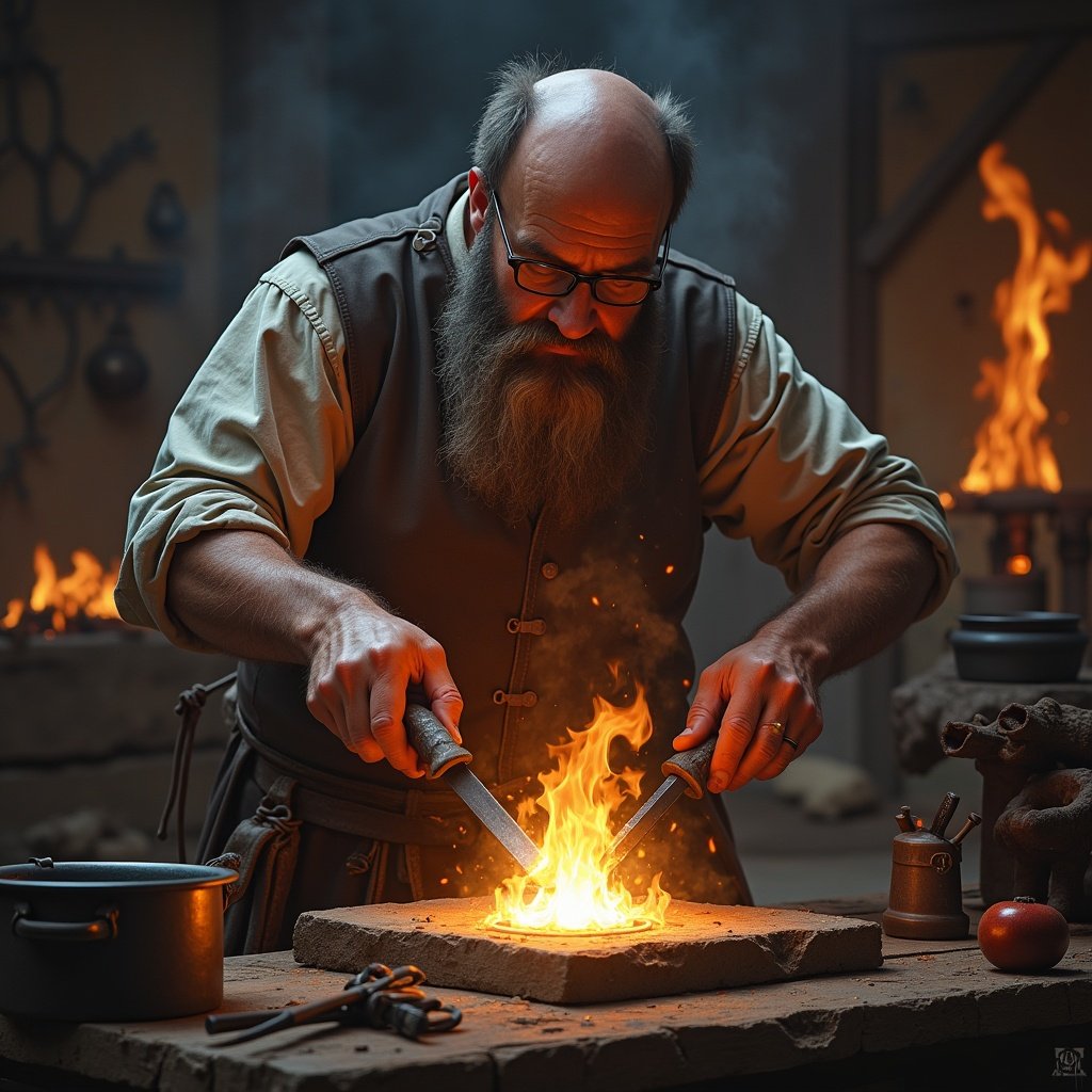 Fantasy blacksmith working at the forge. The scene captures the blacksmith engaged in his craft, surrounded by flames and tools.