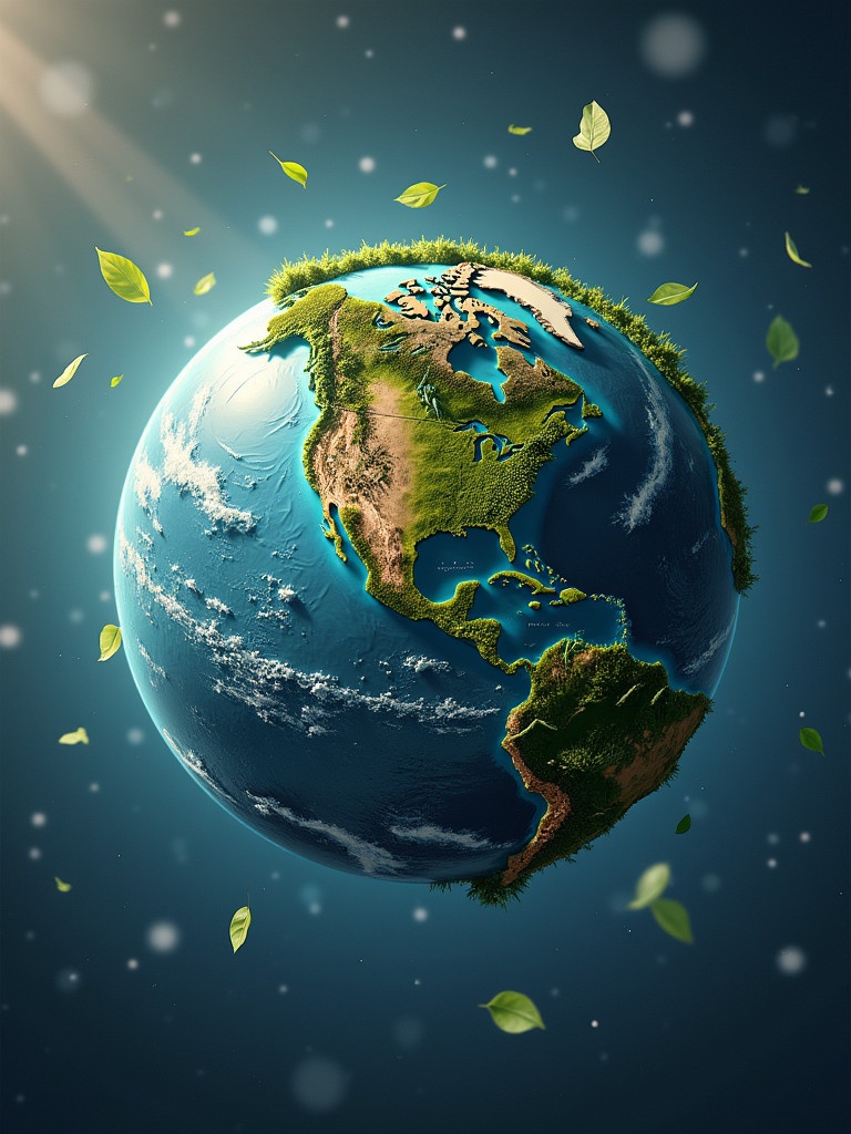 Illustration of planet Earth. Lush green textures at the poles. Vibrant blue oceans covering the globe. Floating leaves depicted around the Earth. Soft ethereal background. Sunlight glimmering from one corner.