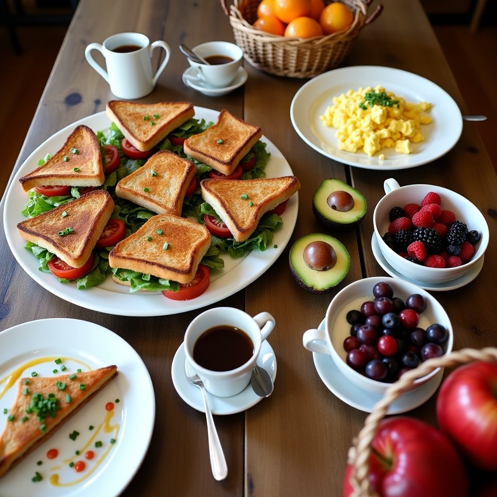 Table filled with a variety of breakfast items. Features toast sandwiches. Includes scrambled eggs. Displays avocado slices. Shows coffee cups. Has bowls of yogurt with berries. Contains apples and oranges.