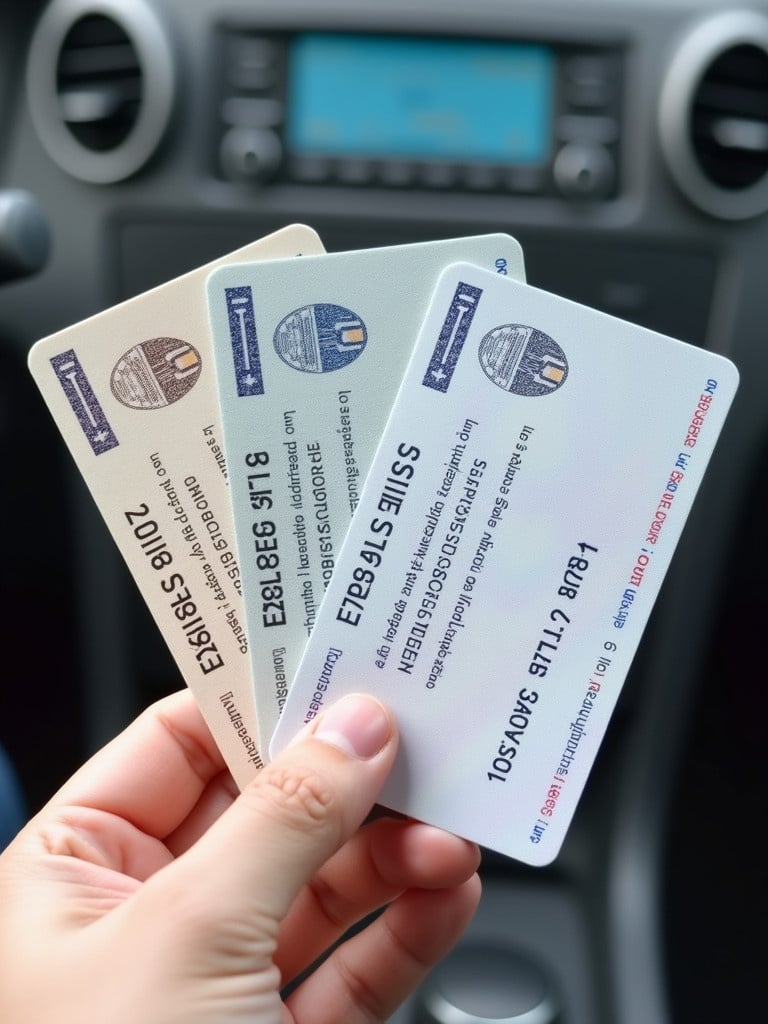 Three driver's licenses displayed in a hand. Focus is on the licenses with identification information. Background is neutral to emphasize the licenses.