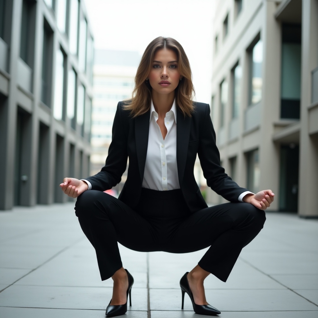 Empowered Business Woman Squatting in Suit A Modern Take on Professionalism Flux AI Image