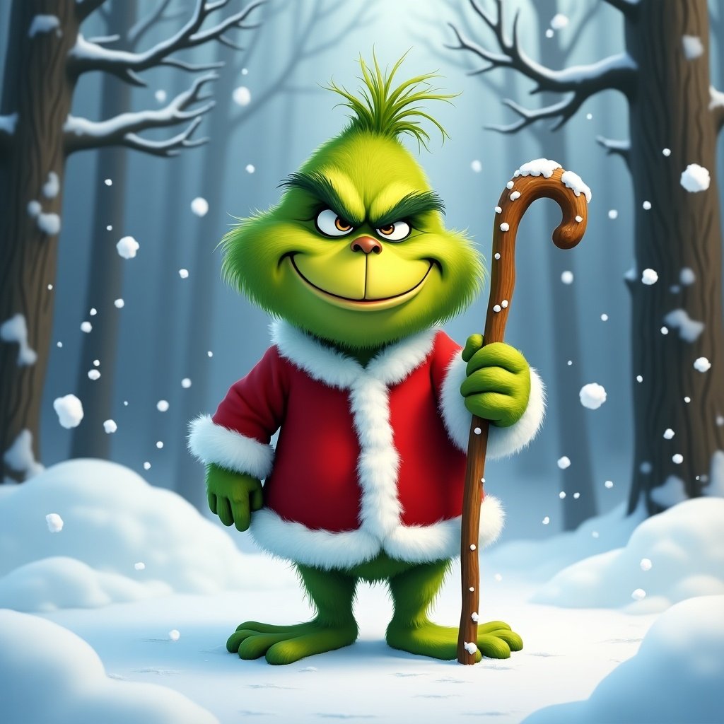 Cartoonish green character wearing red Santa suit. Standing in snow. Holding wooden stick. Snow falling in winter forest.