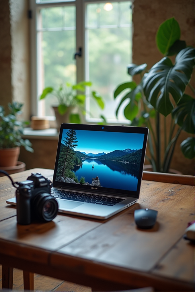 A laptop displaying a serene lake scene on a wooden table with a camera and mouse nearby, surrounded by indoor plants and a large window in the background.