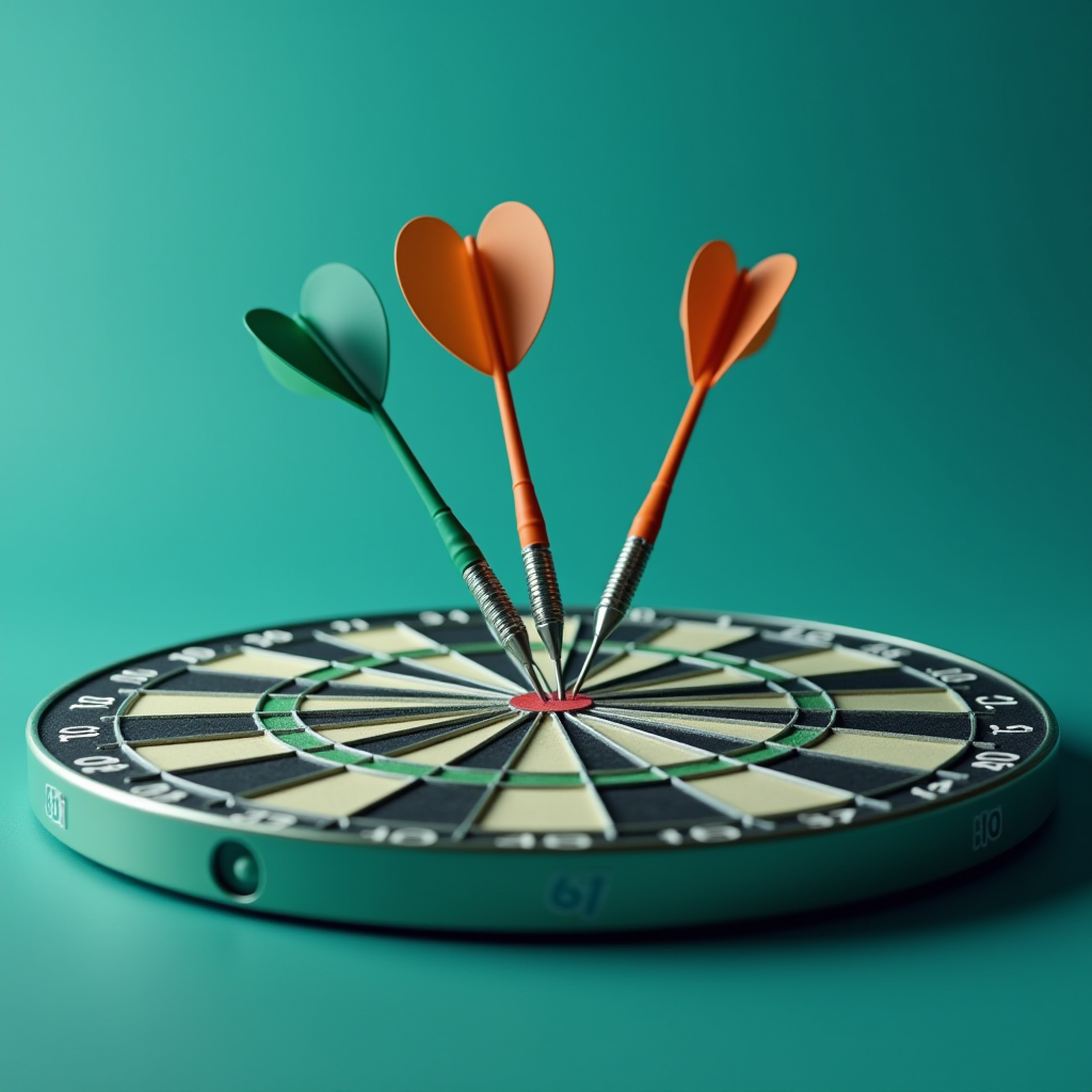 Three heart-shaped dart flights in orange and green are precisely embedded in the bullseye of a dartboard against a matching green background.