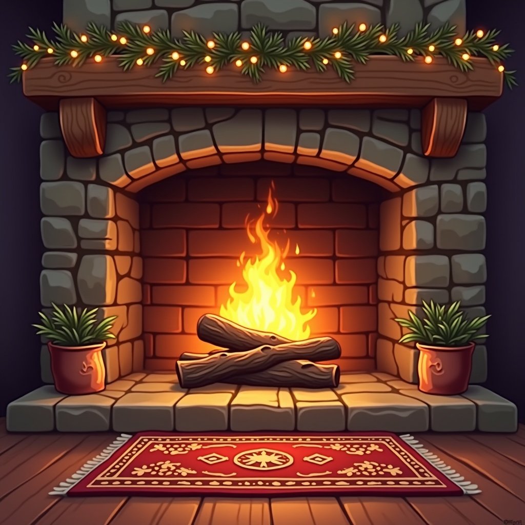 Cozy fireplace with burning logs. Surrounded by rustic stone. Decorative rug in front. Evokes festive inviting atmosphere. High-quality digital illustration.