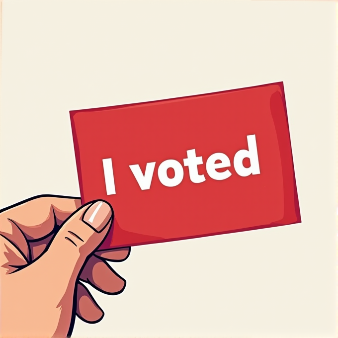 A hand holds a red card with 'I voted' written on it.