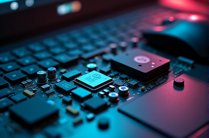 Close-up image of a computer keyboard with a focus on the exposed circuit board and components, illuminated by red and blue lighting.