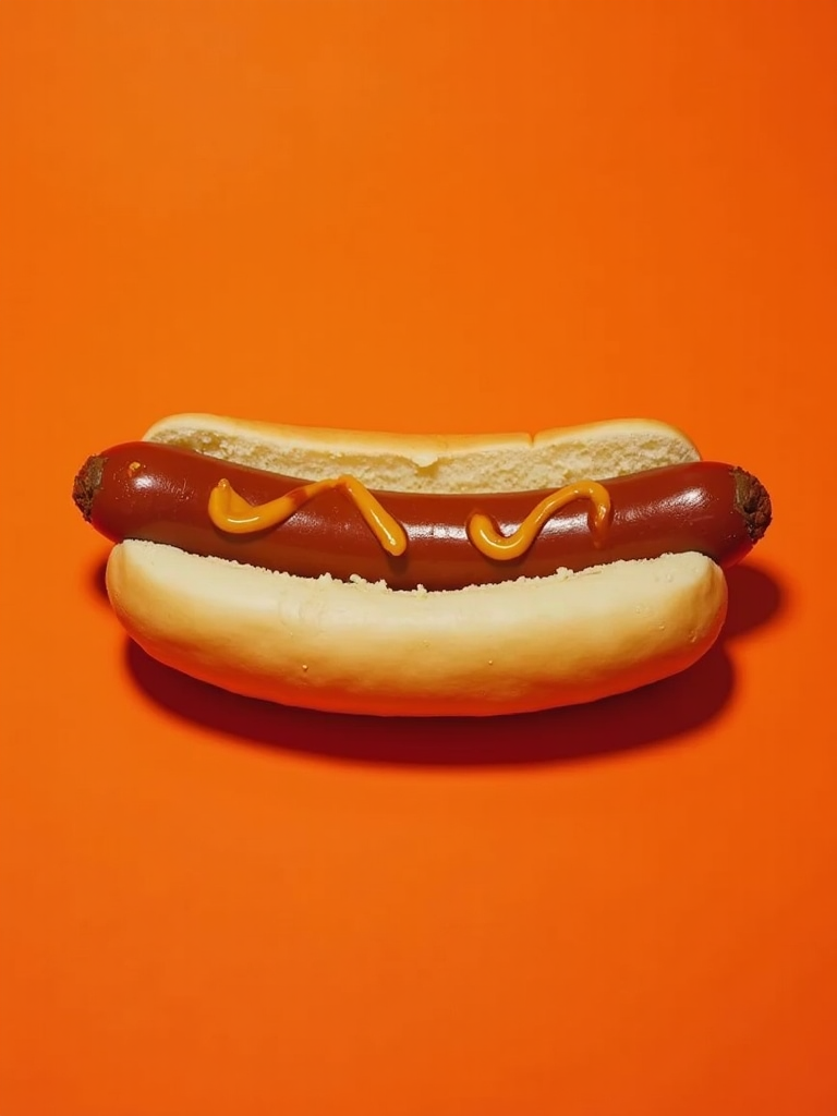 A hot dog with mustard on a bright orange background.