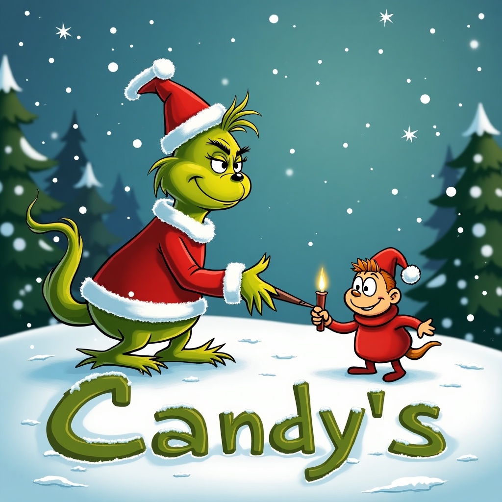 The Grinch character writing the name Candy and Steve in the snow. Festive background with Christmas trees and snowflakes.