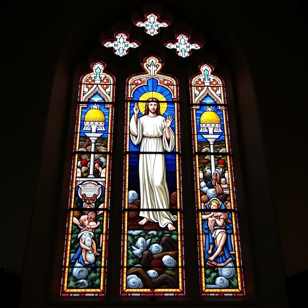 Stained glass window depicting Jesus in St John the Baptist Church in Madison, Alabama. Colorful and detailed design with biblical themes. Features Jesus with outstretched hand and religious symbols.