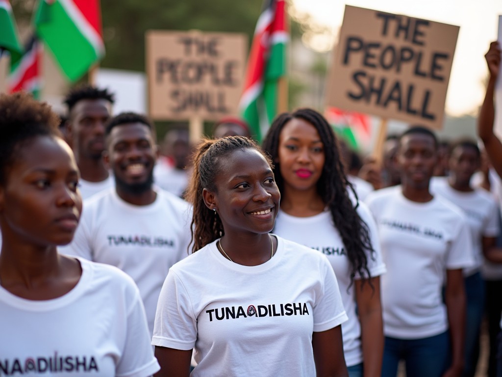 A crowd of smiling young people in a protest, wearing T-shirts with slogans and holding banners, with Kenyan flags visible in the background, depicting a peaceful demonstration focused on civic engagement and democracy.