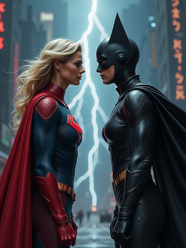 Two superheroes face off in a dark urban setting. One superhero is dressed in red with a cape. The other wears a black bodysuit and cape. Stormy sky enhances the dramatic tension. Lightning flashes in the background.