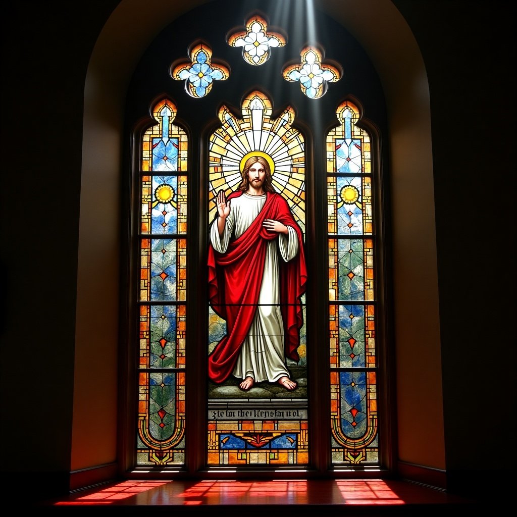 Stained glass window showing Jesus in religious attire. Bright colors and intricate designs. Sunlight illuminating the glass.