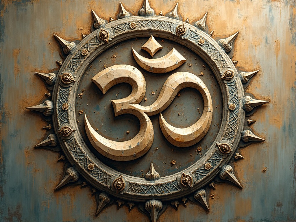 A mandala featuring the Om symbol, intricately designed with textures and earthy colors, symbolizing spiritual harmony.