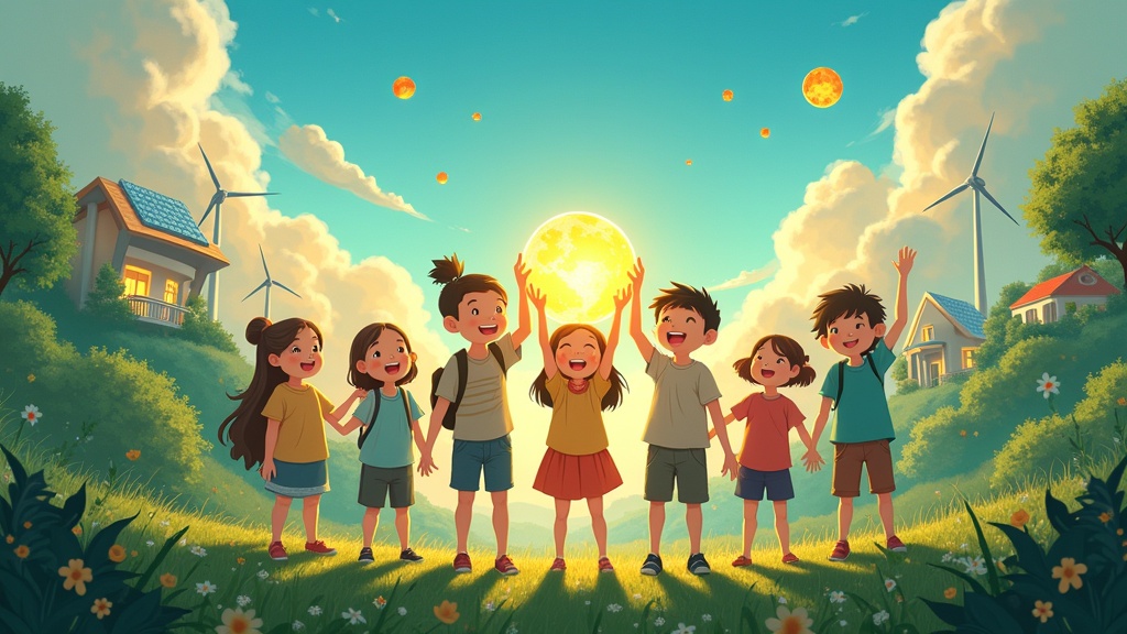 Vibrant scene inspired by solarpunk in Ghibli style. Group of smiling children from diverse backgrounds stands together. Each child holds a small glowing globe. The globes emit warm light symbolizing hope. Lush greenery and futuristic eco-buildings are visible. Bright sky features floating wind turbines and solar panels. Soft painterly textures and rich details with warm colors. The atmosphere is joyful and peaceful.