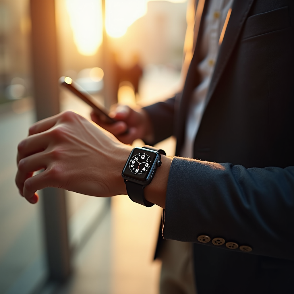 A person in a suit checks their smartwatch and phone during sunrise.