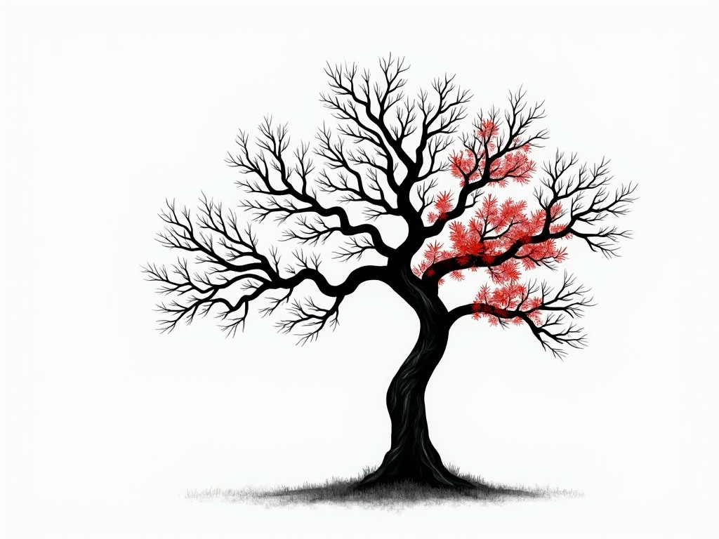 A solitary tree stands majestically against a stark white background. Its gnarled branches stretch outwards in intricate patterns. The tree is rendered in deep black and gray tones, emphasizing its texture and form. Among the branches, a few vibrant red leaves cling on, adding a striking pop of color that draws the eye. This contrast highlights the tree's resilience against the changing seasons, creating a sense of solitude and beauty in its simplicity.