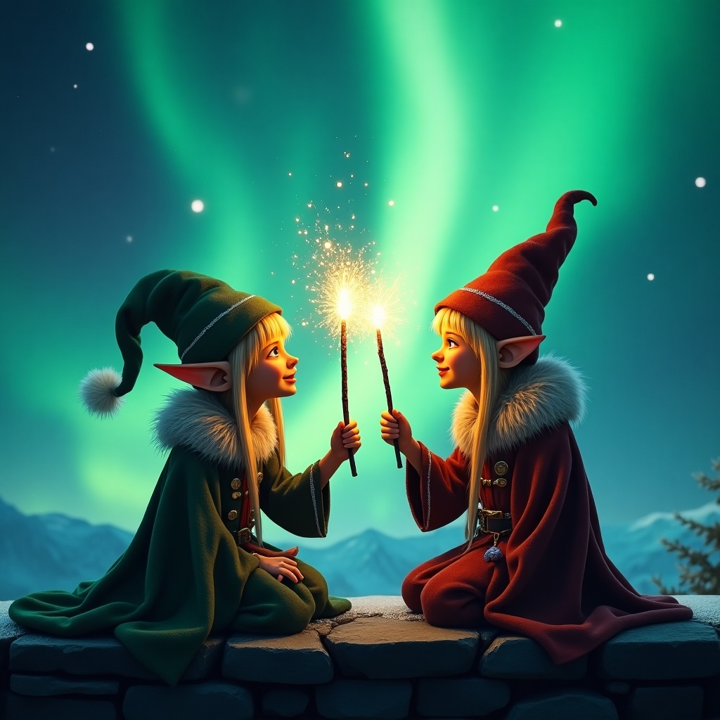 Two elves sit on a stone ledge facing each other. Bright wands raised high. Northern lights fill the sky with vibrant greens and blues. Elves wear festive cloaks and pointed hats. Their expressions show wonder. They seem to cast a spell or share a moment of friendship. Soft illumination from auroras in the background.