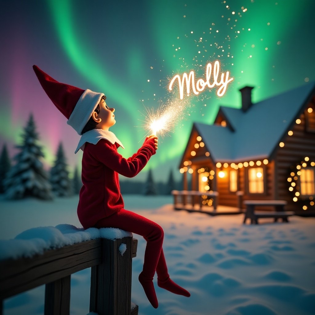 An elf sits on a railing looking up with a wand. The wand creates sparkling light. Northern lights swirl in the sky. A decorated house is in the background. Snow covers the ground. The elf radiates Christmas magic. The name Molly appears in the air.