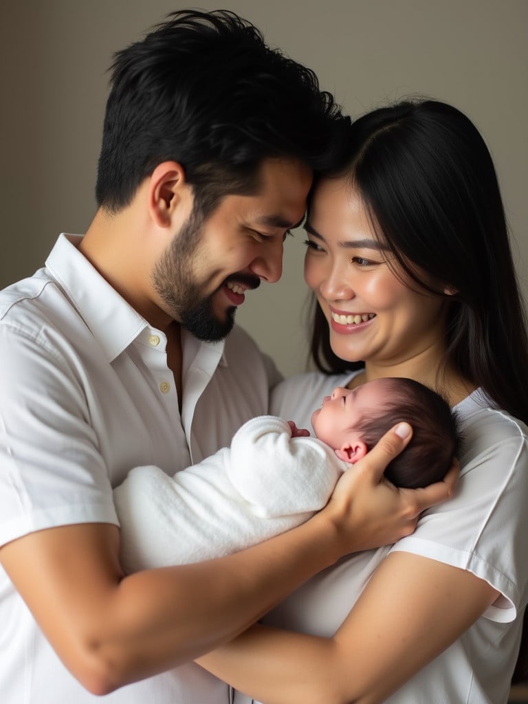 Portrait of South Asian parents holding their newborn baby. They are happy and content. Indoor setting. Warm light creates a loving atmosphere. Parents are wearing simple clothing. Baby swaddled comfortably. Parents gazing at the baby. Emotion of love and happiness is evident.