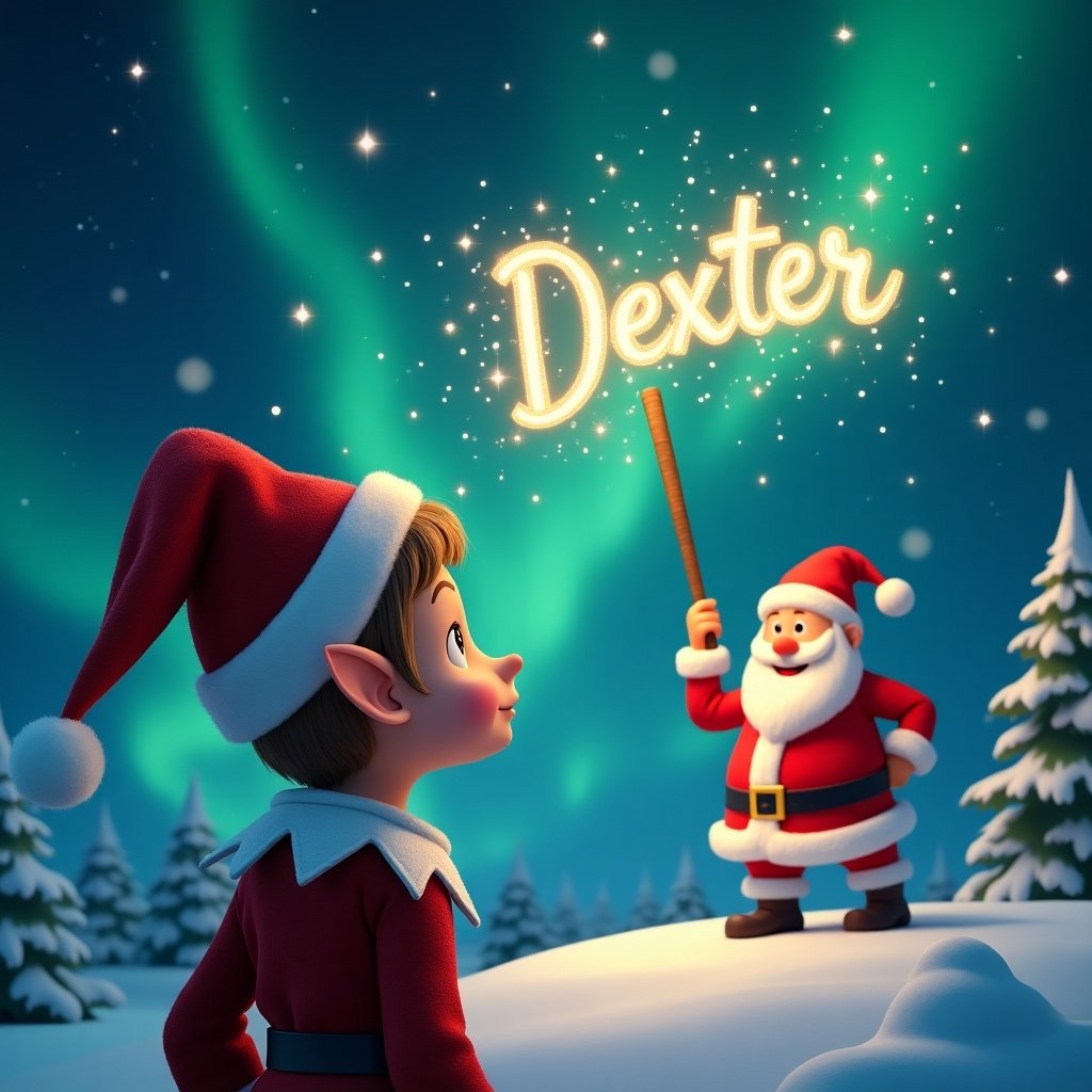 Elf with Santa under the magical sky. Wand writing the name Dexter in the air. Northern lights illuminate the scene.