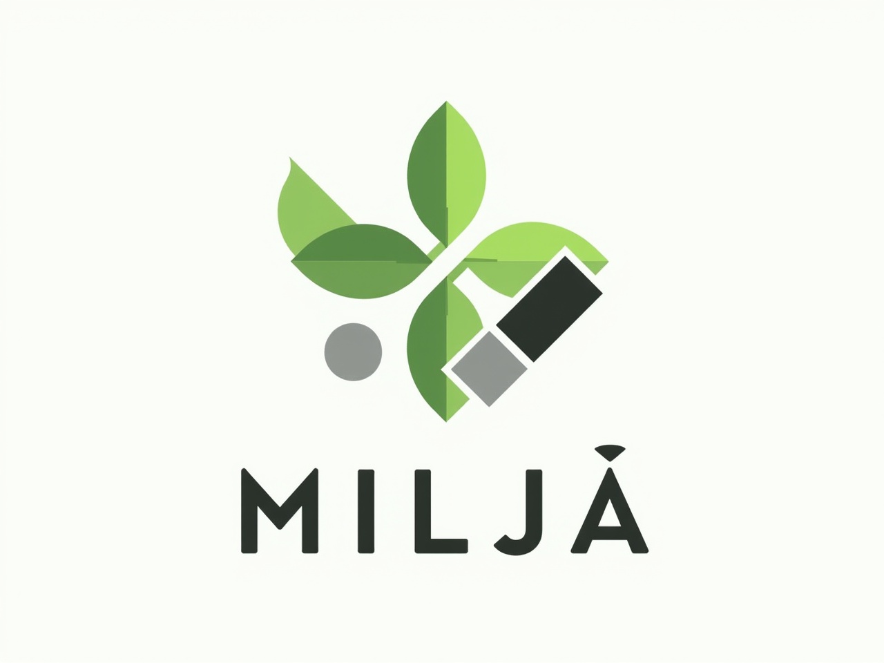 The image features a logo with a modern design. It includes a combination of green leaves and geometric shapes. The leaves symbolize nature and sustainability, while the shapes likely represent growth or innovation. The color scheme is primarily green, black, and gray, giving a fresh and environmentally-friendly vibe. Below the graphic elements, the word "MILJØ" is prominently displayed. The overall impression is that of an eco-friendly brand or organization focused on environmental issues.