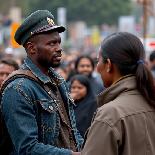 A scene capturing a diverse crowd in a public urban area. A person in a military uniform stands among the crowd engaging with individuals. Background elements hint at an event or community gathering. The atmosphere appears social and dynamic.