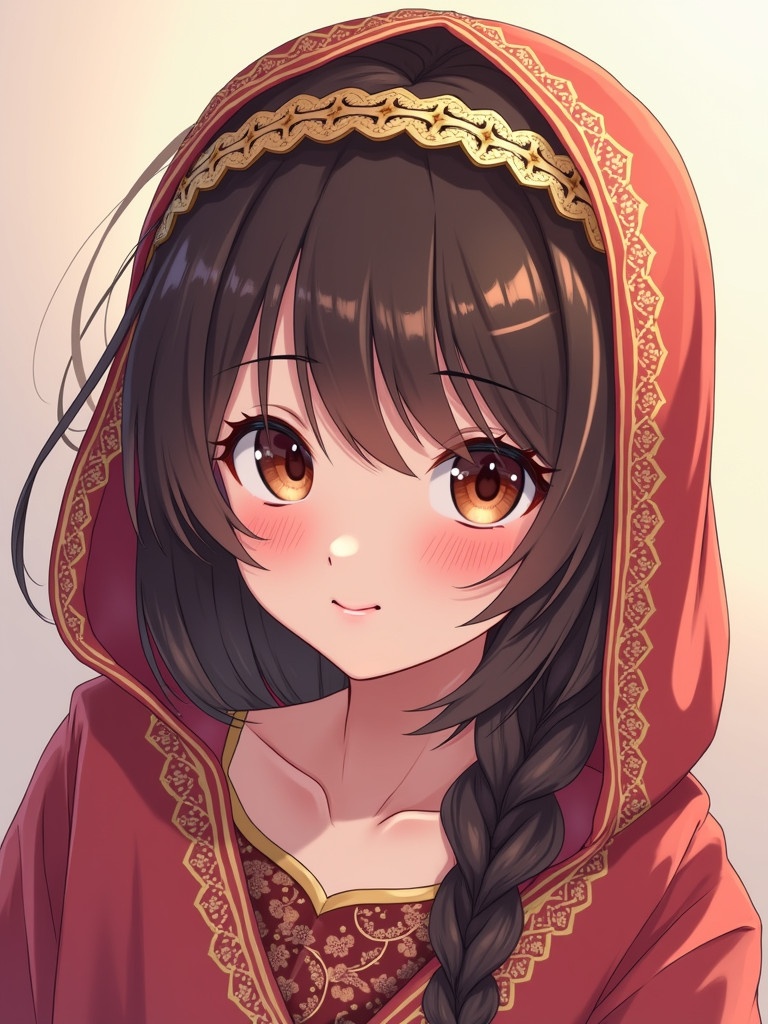 Traditional Kuwaiti girl in anime style. Wearing a red hooded robe with gold accents. Long braided hair. Visually appealing and culturally inspired design.