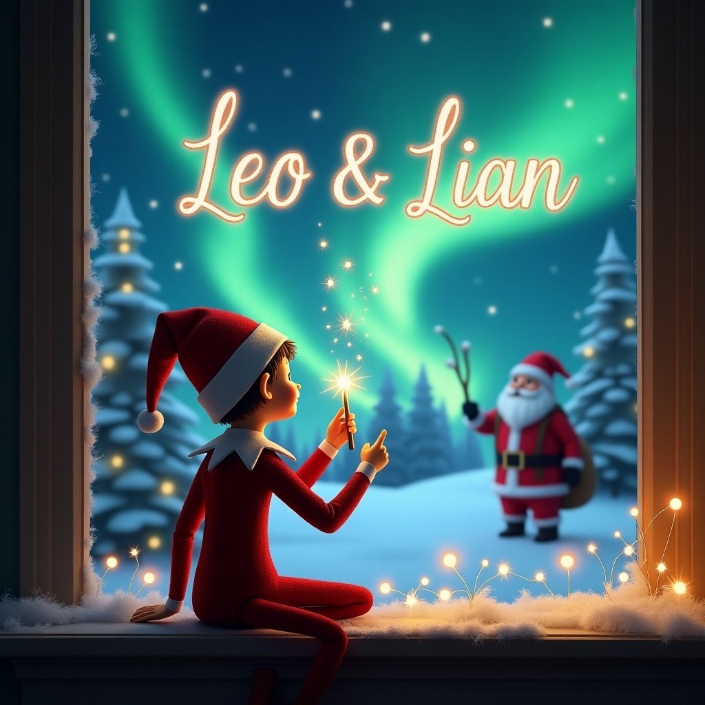 Elf character sitting by a window using a wand to write names in the sky. Magical Christmas scene with northern lights and Santa Claus in the background. Names Leo & Lian elegantly written in the sky.