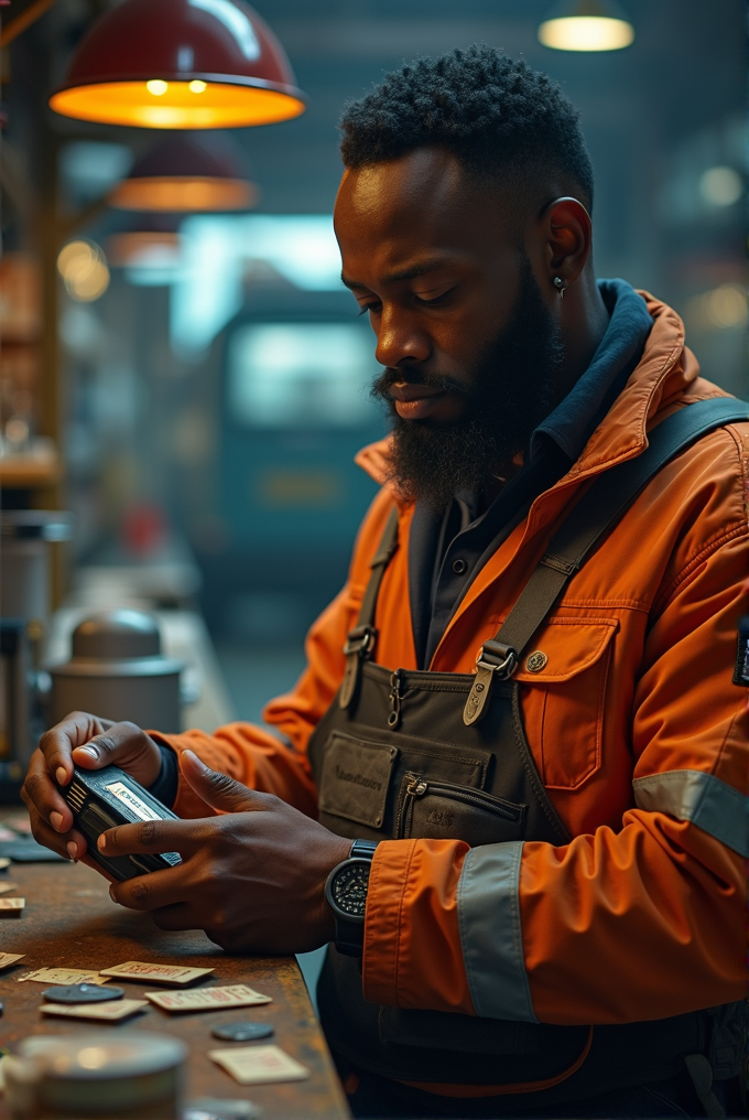 A man in an orange jacket examining an object in a workshop lit by hanging lamps.