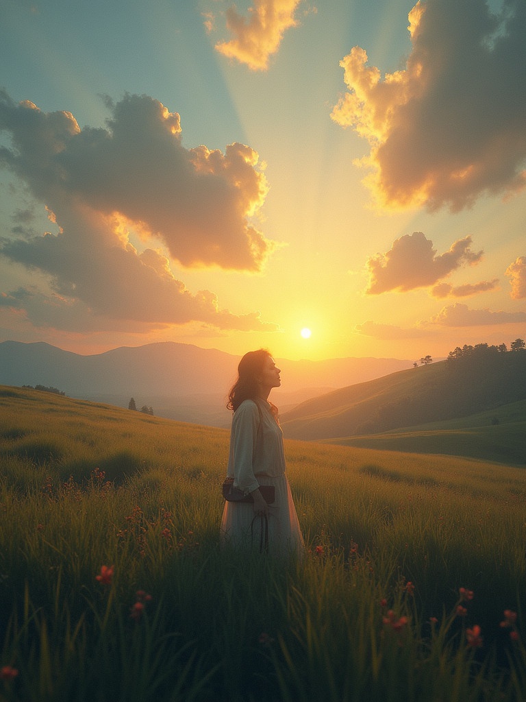 A serene sunset landscape is depicted. A woman is standing quietly in the tall grass. The sun is setting behind the mountains creating a beautiful glow. Feelings of sadness and ingratitude are conveyed through the scene. The atmosphere is peaceful yet reflective.