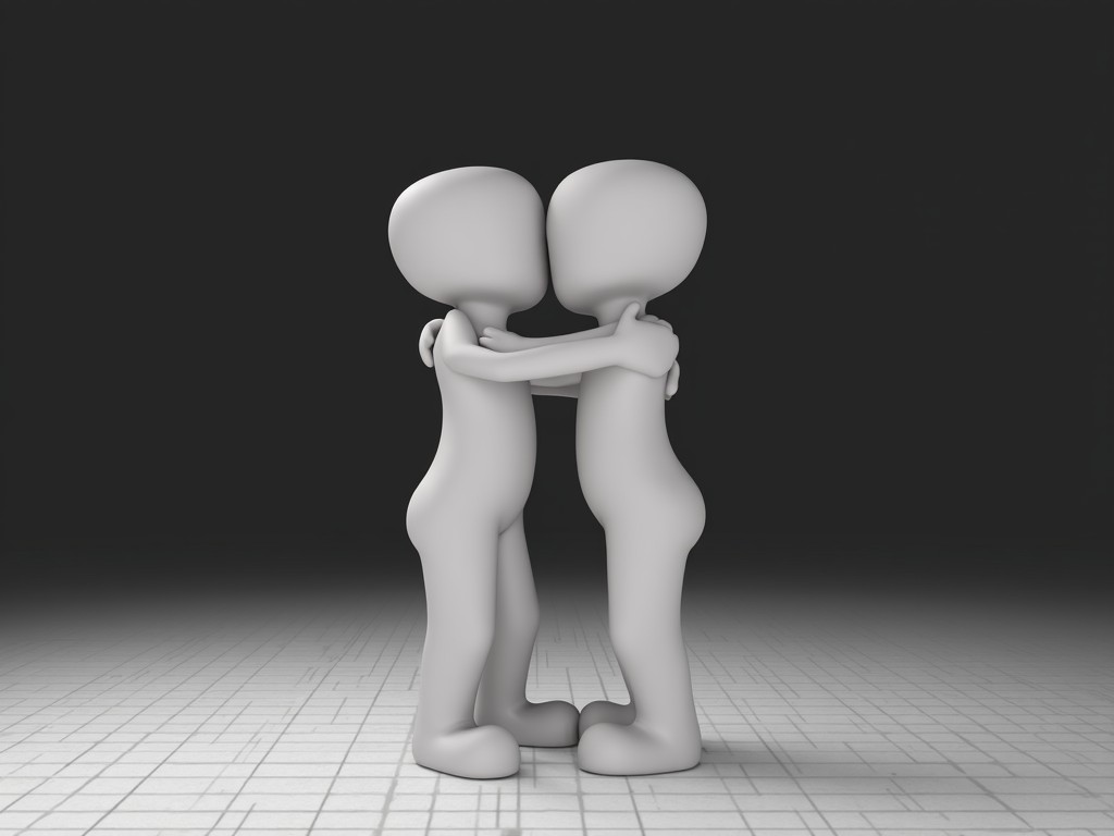 The image shows two stylized human figures embracing each other in a grayscale environment. The figures stand on a tesselated, grid pattern floor with a plain, dark background. The figures are featureless and smooth, appearing to hug in a gentle and tender manner. The scene captures a moment of connection and intimacy between the figures. The use of grayscale gives a neutral and calming atmosphere to the image.