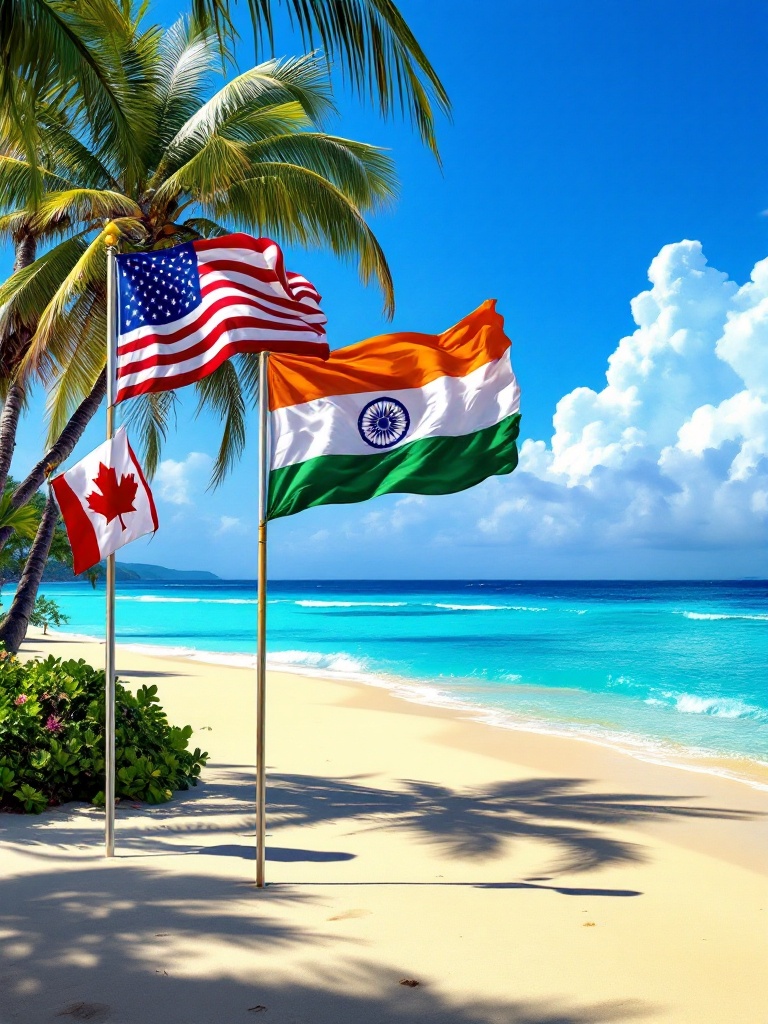 A serene Caribbean beach features golden sand with clear blue ocean waters. Four flags rise high on poles. The first flag is the USA flag. Next is Canada's flag with a red maple leaf. Next is India's tricolor flag. The last flag is purple with the word 'Quest' in gold. The scene is bright and inviting with a beautiful blue sky.