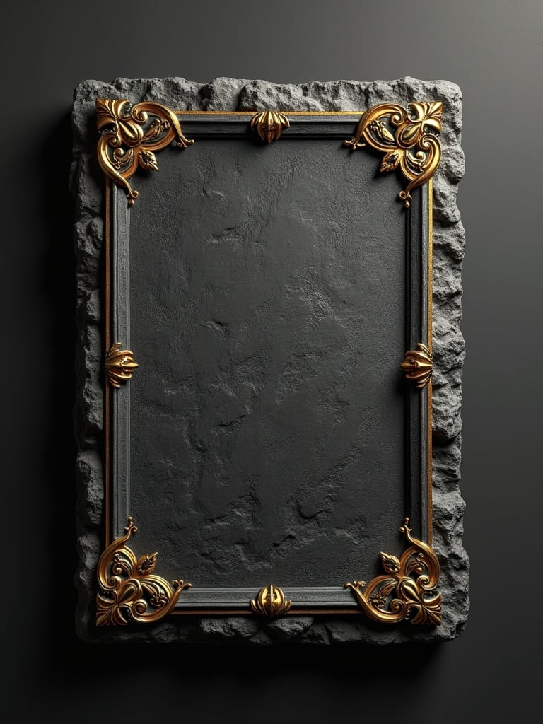 A blank stone tablet framed with an ornate golden border. The tablet is textured and designed to resemble a book page. It features a deep black color with luxurious gold accents. The background is a dark, smooth surface.