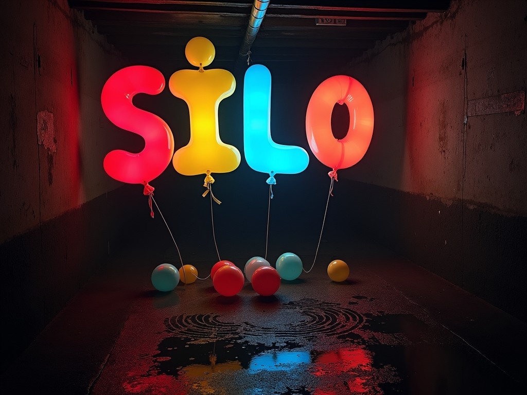 The image depicts a dark underground setting with a dimly lit drain. Large balloons in vibrant colors spell out the word 'SILO.' Below the main letters, smaller balloons display the number '1000.' The space is illuminated with colorful lights that reflect on the wet surface, creating a unique atmosphere. The balloons stand out against the dark background, drawing the viewer's attention. This setting could inspire festive themes or creative party ideas.