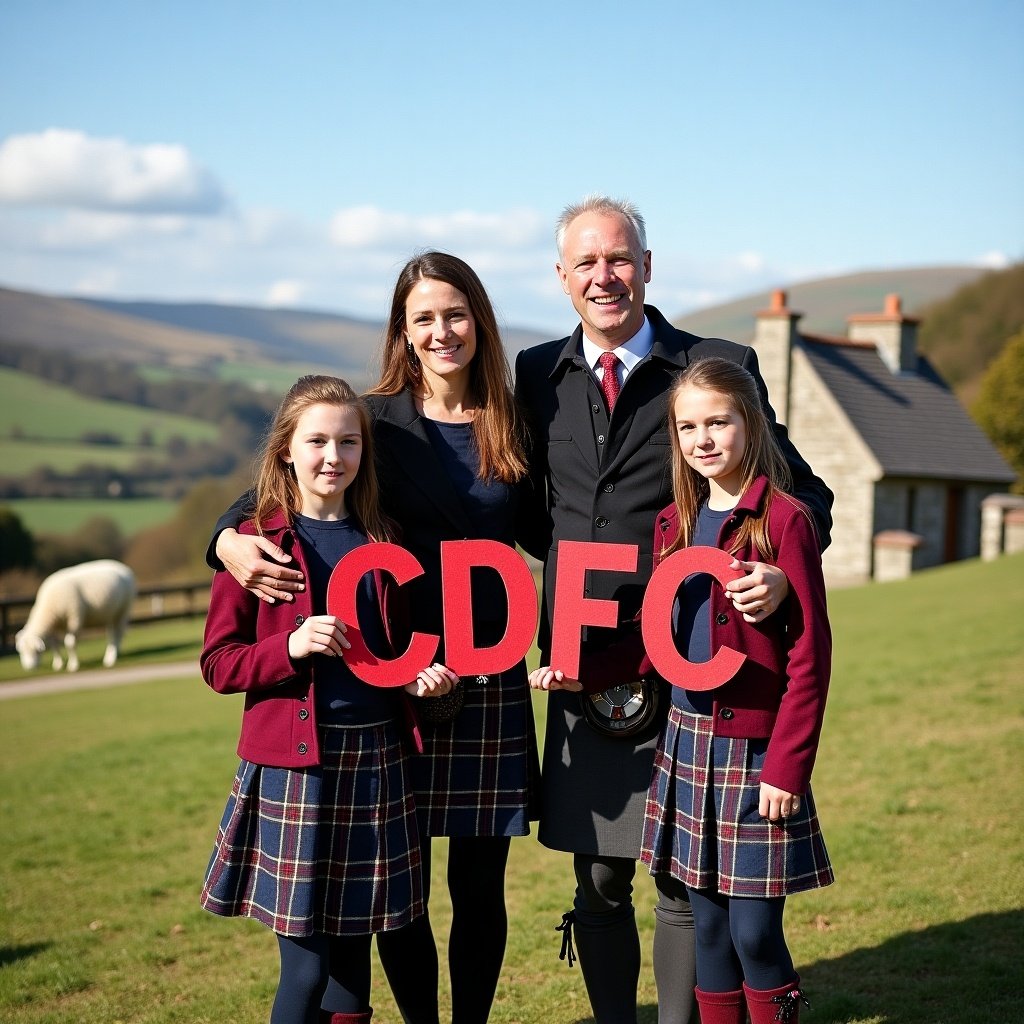 A family stands in a beautiful Scottish scene. The man and woman, along with their two daughters, hold the initials CDFC in blackwatch tartan. The backdrop showcases a scenic landscape.