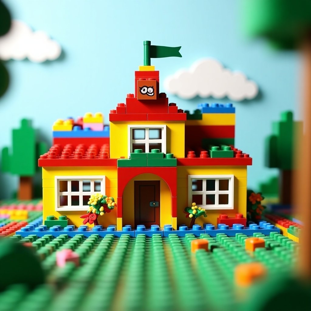 Colorful LEGO school building constructed by a child. Bright colors and playful design. Surrounded by a vibrant landscape of LEGO blocks. Includes a green flag on top.