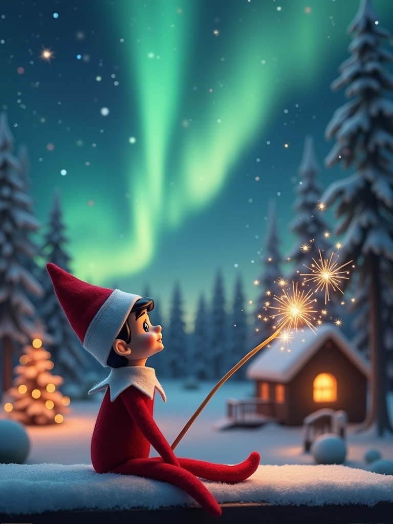 An elf on the shelf sits with its back to the viewer. The elf gazes skyward while holding a glowing wand. A charming Christmas scene with colorful northern lights. A cozy house in the distance. Snow on the ground. The elf embodies magic and wonder of Christmas. The name ‘Josh, Enzo & Laila’ appears in the air from the wand.