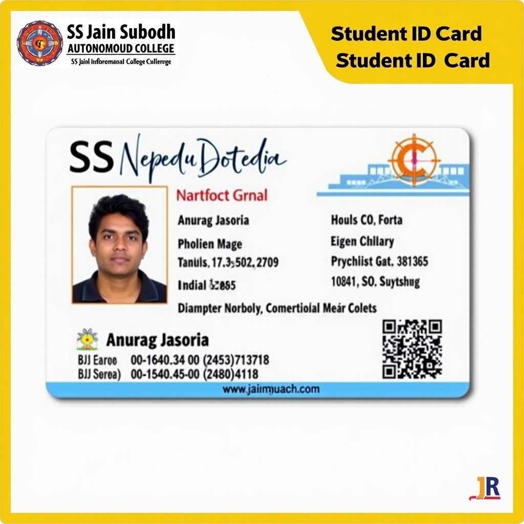 This image features a scanned student ID card from SS Jain Subodh Autonomous College. The card includes a clear photo of Anurag Jasoria, a 24-year-old student, along with vital identification information. It displays his student ID number, and various institutional identifiers. The design reflects recognizable branding elements of the college, enhancing its professional appearance. This ID card is intended for identification within the academic environment, facilitating access to campus facilities and services.