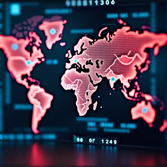 A glowing red digital map of the world, highlighting various regions with data points.