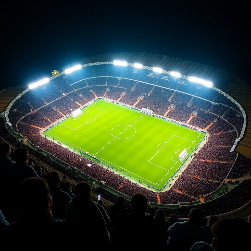 Aerial view of a soccer stadium at night. The field is illuminated by floodlights. The audience is packed with enthusiastic fans. The bright colors of the field contrast with the dark sky. The image captures the excitement of a live soccer event.