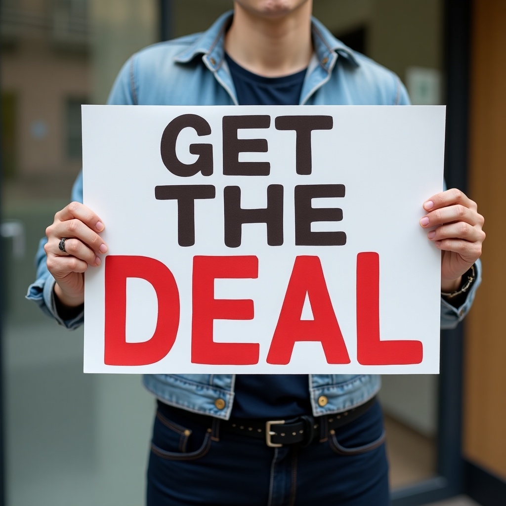 A person holds a sign displaying the text 'GET THE DEAL.' The focus is on the sign, showing clear and bold letters in black and red.