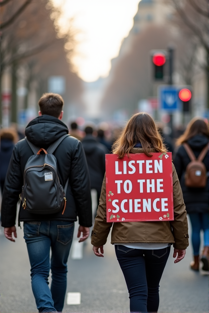 A person in a crowd holds a sign that says 'LISTEN TO THE SCIENCE.'