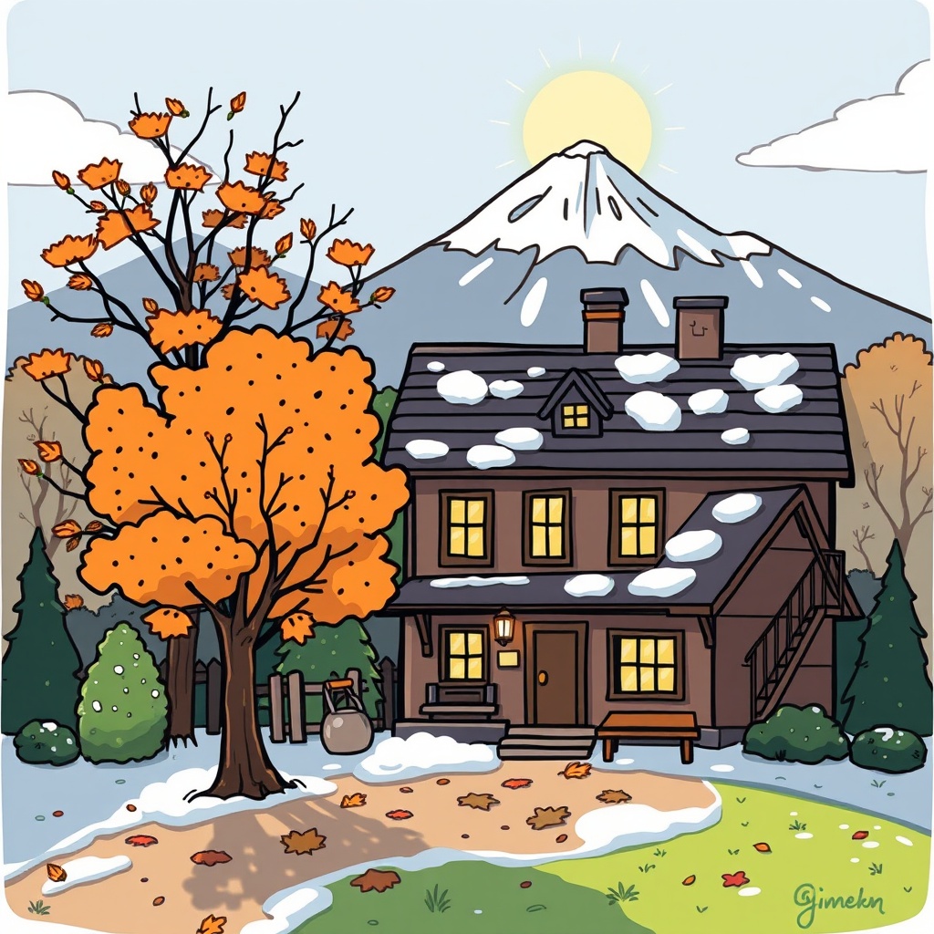 a cozy house in autumn with snow on the ground and a mountain in the background, digital art