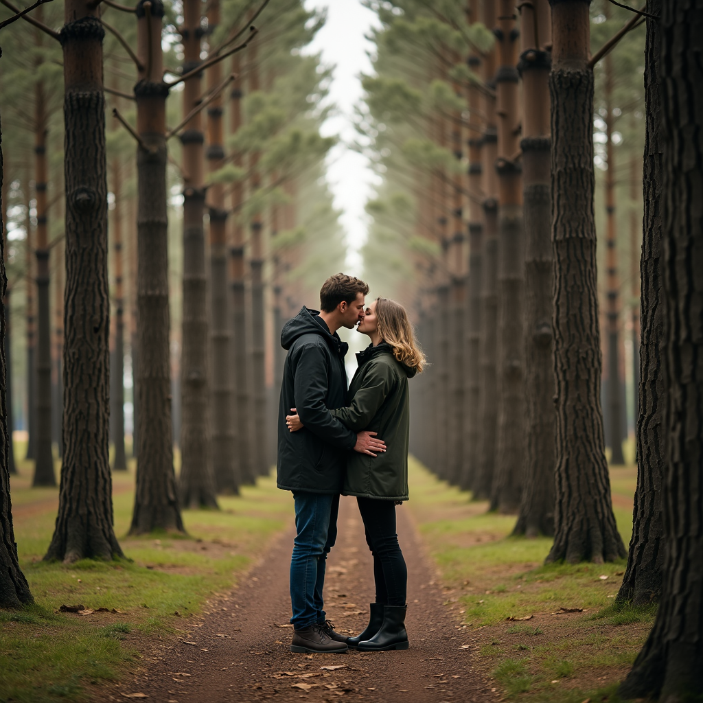 A couple shares a kiss in a path lined with tall, symmetrical trees.