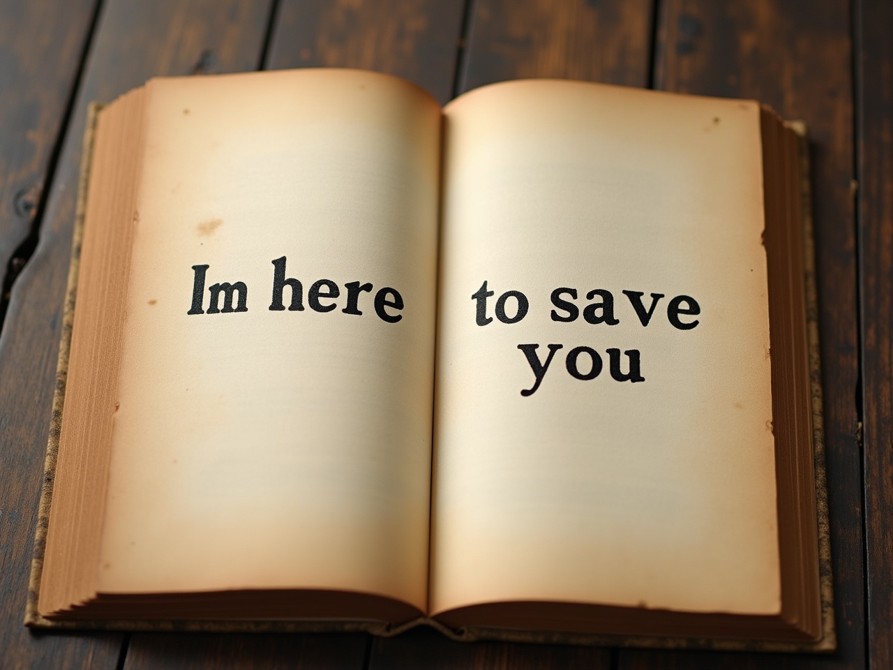 The image features an open vintage book with softly colored, aged pages. The focal point of this composition is the text 'Im here to save you' prominently displayed in bold lettering. The lighting is warm and natural, casting a gentle ambiance over the pages. The book rests on a wooden surface, enhancing its rustic aesthetic. This visual evokes a sense of nostalgia and inspiration, inviting viewers to engage with its message.