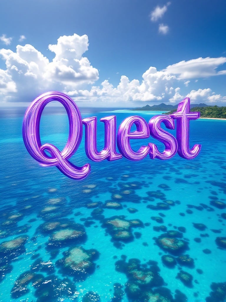 Image of the word Quest in purple above Caribbean Sea. Scene shows turquoise waters stretching across horizon. Coral reefs visible through clear waters. Fluffy white clouds drift in bright blue sky. Letters appear crafted from ethereal material. Each letter reflects sunlight and glows. Scene invites viewers to explore nature's beauty.