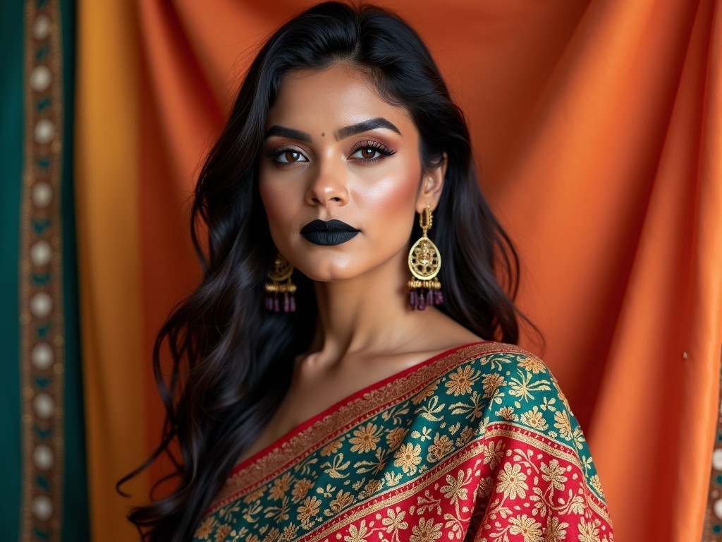 The image features a woman adorned in a vibrant red saree decorated with intricate golden floral patterns. Her bold black lipstick adds a striking contrast against her glowing complexion. She wears statement earrings that complement her outfit perfectly, showcasing her elegant style. The backdrop consists of warm orange fabric, further enhancing the richness of her attire. This portrait captures the essence of traditional Indian beauty with a modern twist, ideal for fashion or cultural contexts.