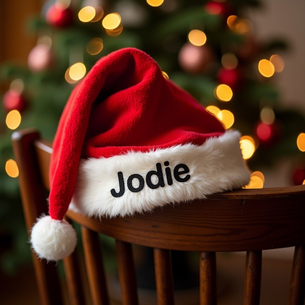 A Christmas picture of a Santa hat on a chair showing the name Jodie. The hat is red with white fur trim, placed on a wooden chair. Behind is a Christmas tree with warm light effects.