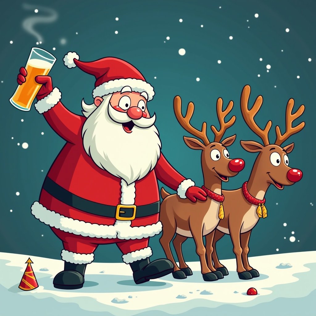 Cartoon image of a cheerful Santa drinking beer with two reindeer in a snowy background. Santa wears a classic red suit and a happy expression. The reindeer have festive collars. Snowflakes fall around them, creating a joyous Christmas atmosphere. A small tree is in the background.